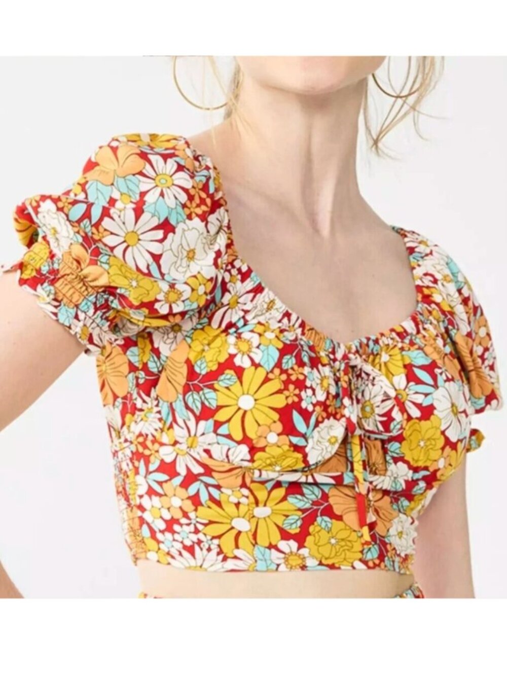 NEW NWT SO Cropped Floral Puff Sleeve Top Red Mustard Short Sleeve Y2K Crop Top